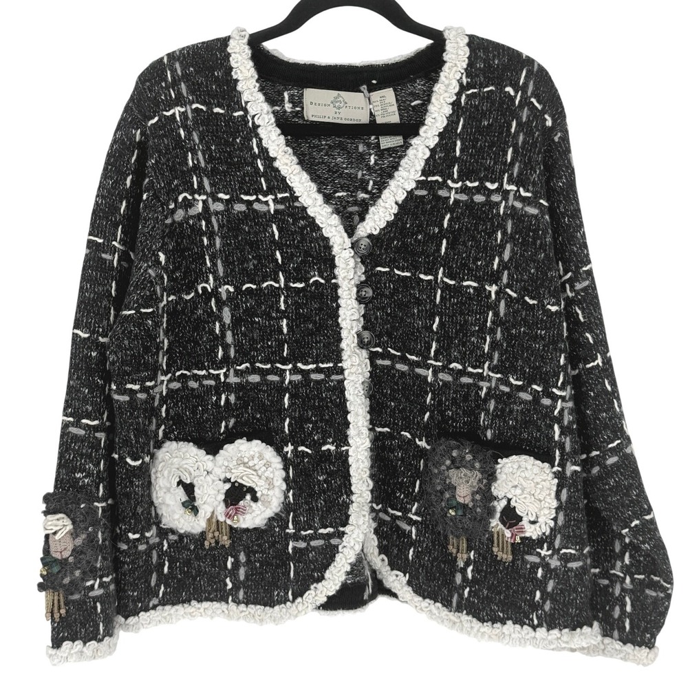 Design Options Women Novelty 3D Embroidered Sheep Plaid Cardigan Cottage Size L